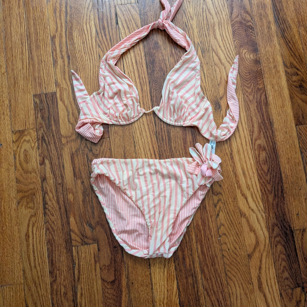 Miss Naory Striped Bikini And Sunshirt With Flower Details (Size 6) Yellow And P